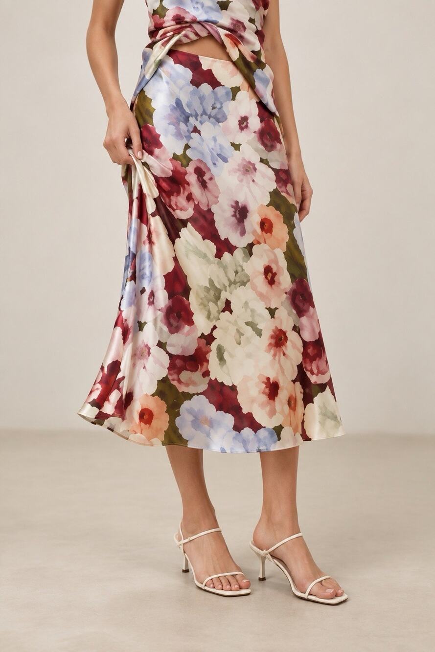 Rails Anya Satin Midi Skirt S Mint Linnea Floral Bias Cut Pull On